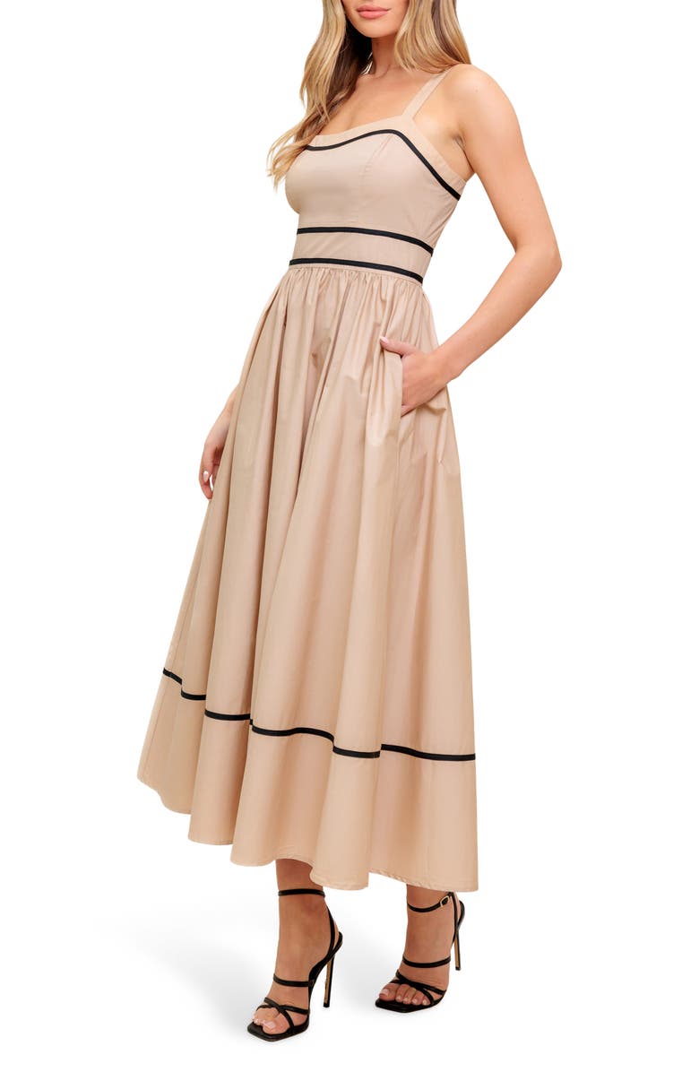 FLYING TOMATO Contrast Stripe Cotton Fit & Flare Maxi Sundress, Alternate, color, Taupe Black