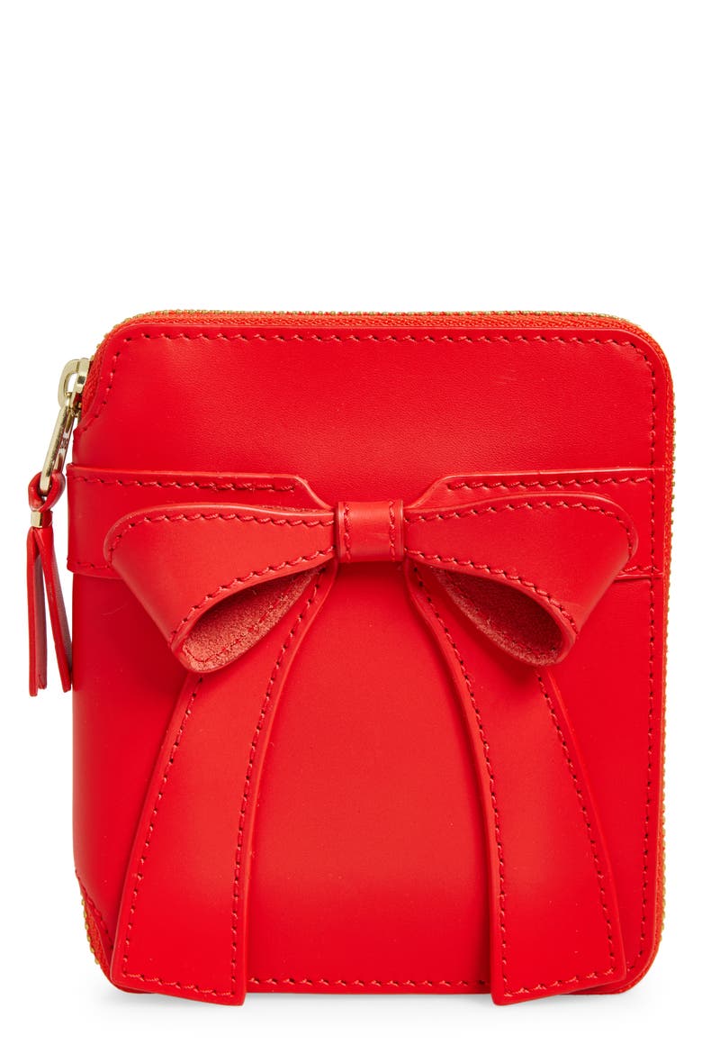 Big Bow Leather Zip Wallet, Main, color, RED