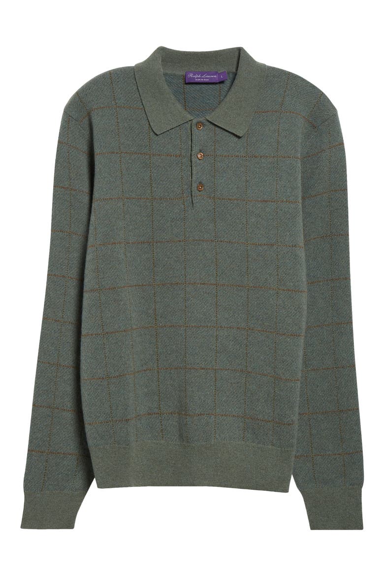 Windowpane Plaid Cashmere & Wool Polo Sweater, Alternate, color, SEA SPRAY MELANGE