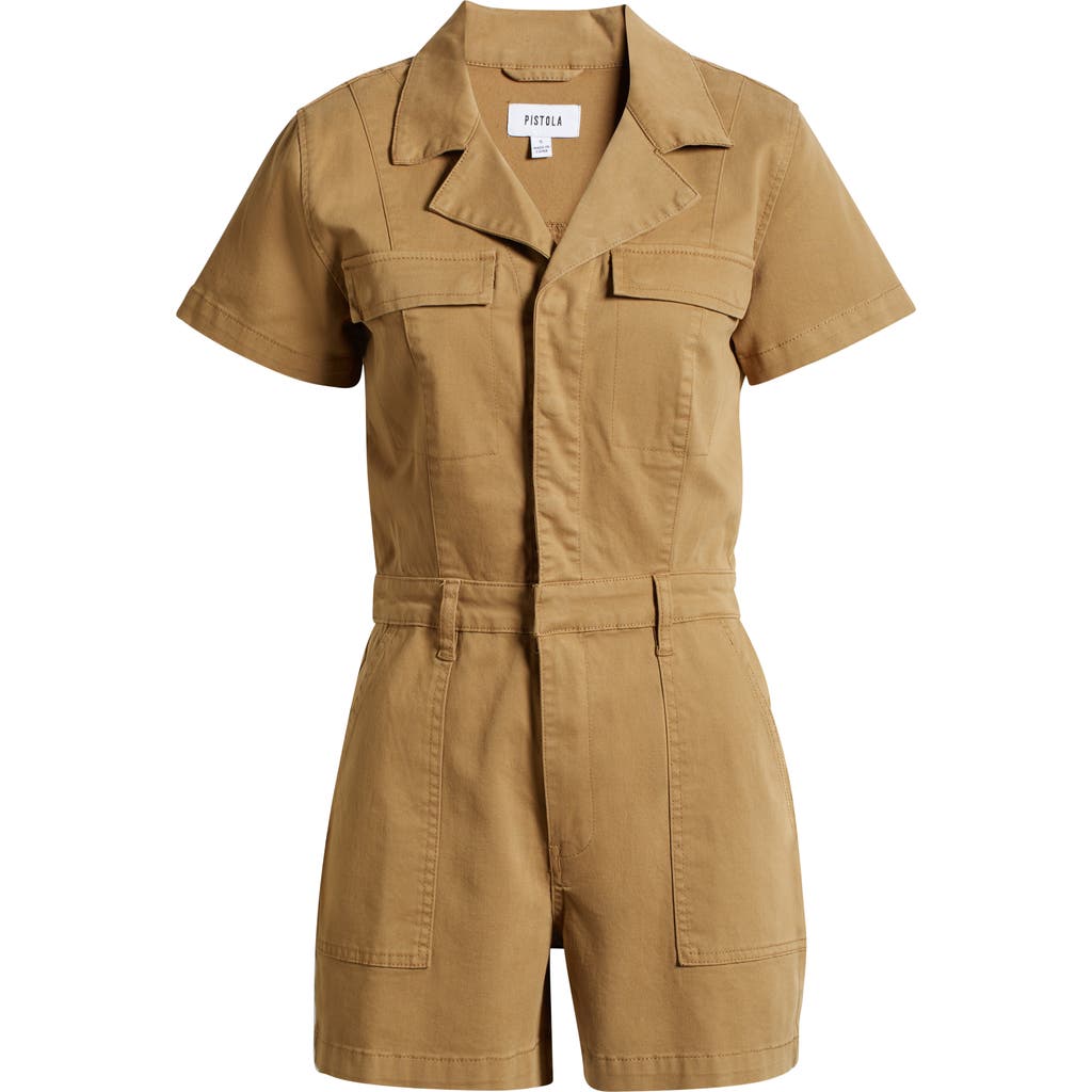 Pistola Morgan Short Sleeve Utility Romper In Khaki In Green