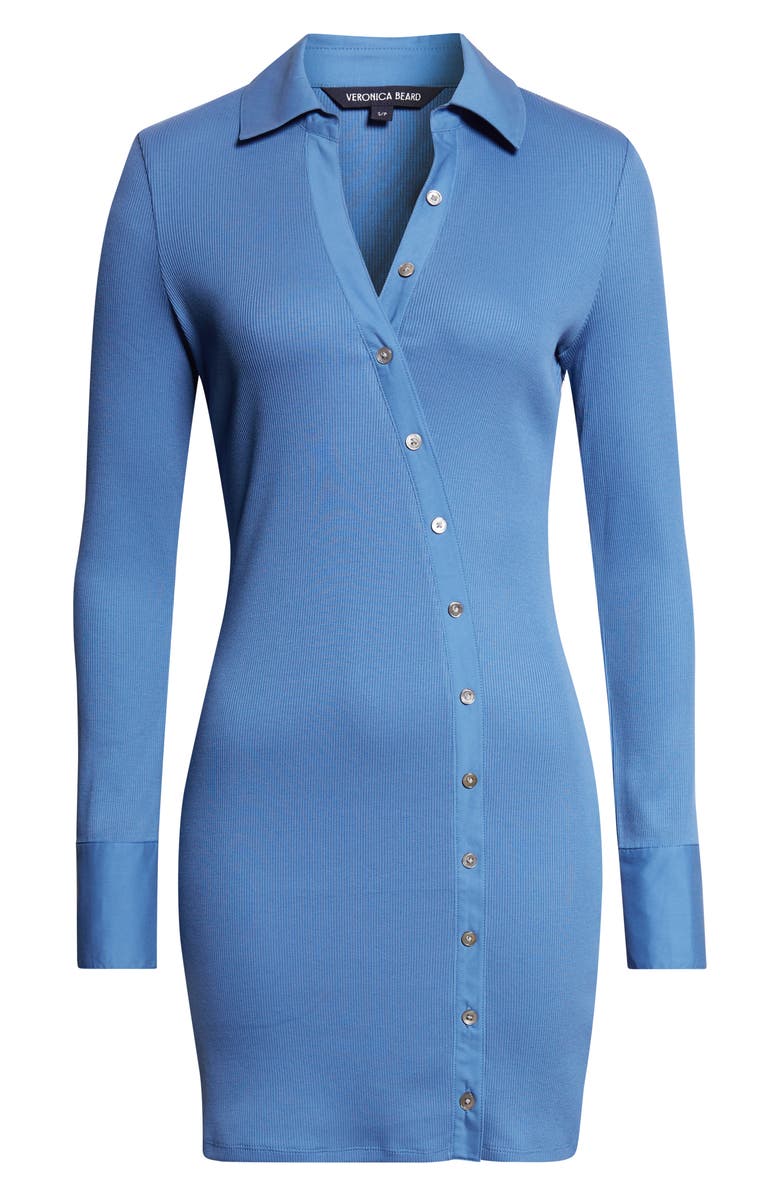 Veronica Beard Brenner Asymmetric Long Sleeve Rib Polo Dress, Main, color, Blue Coast