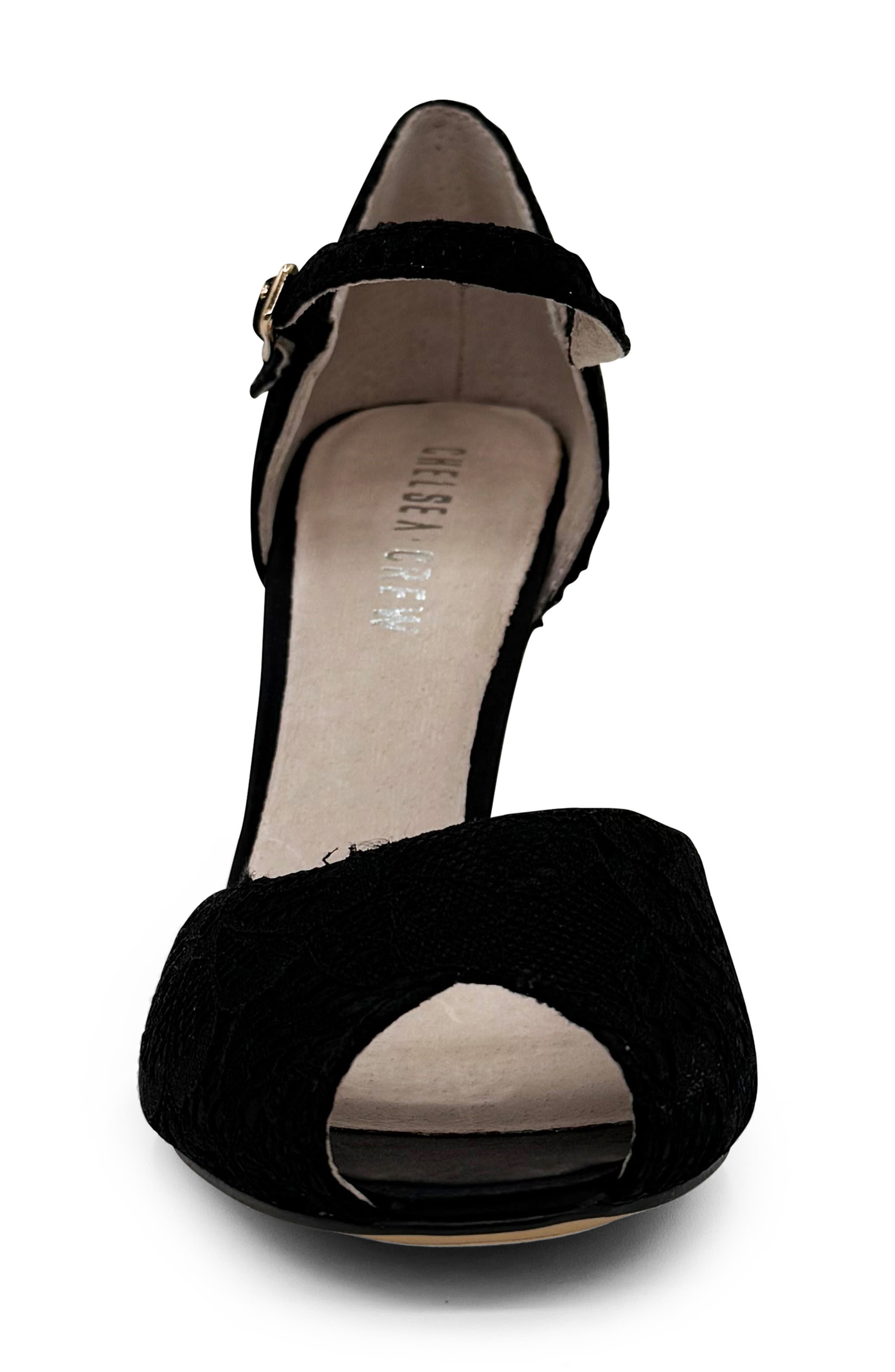 CHELSEA CREW Lulu Ankle Strap Peep Toe Pump, Alternate, color, Black Lace/ Satin
