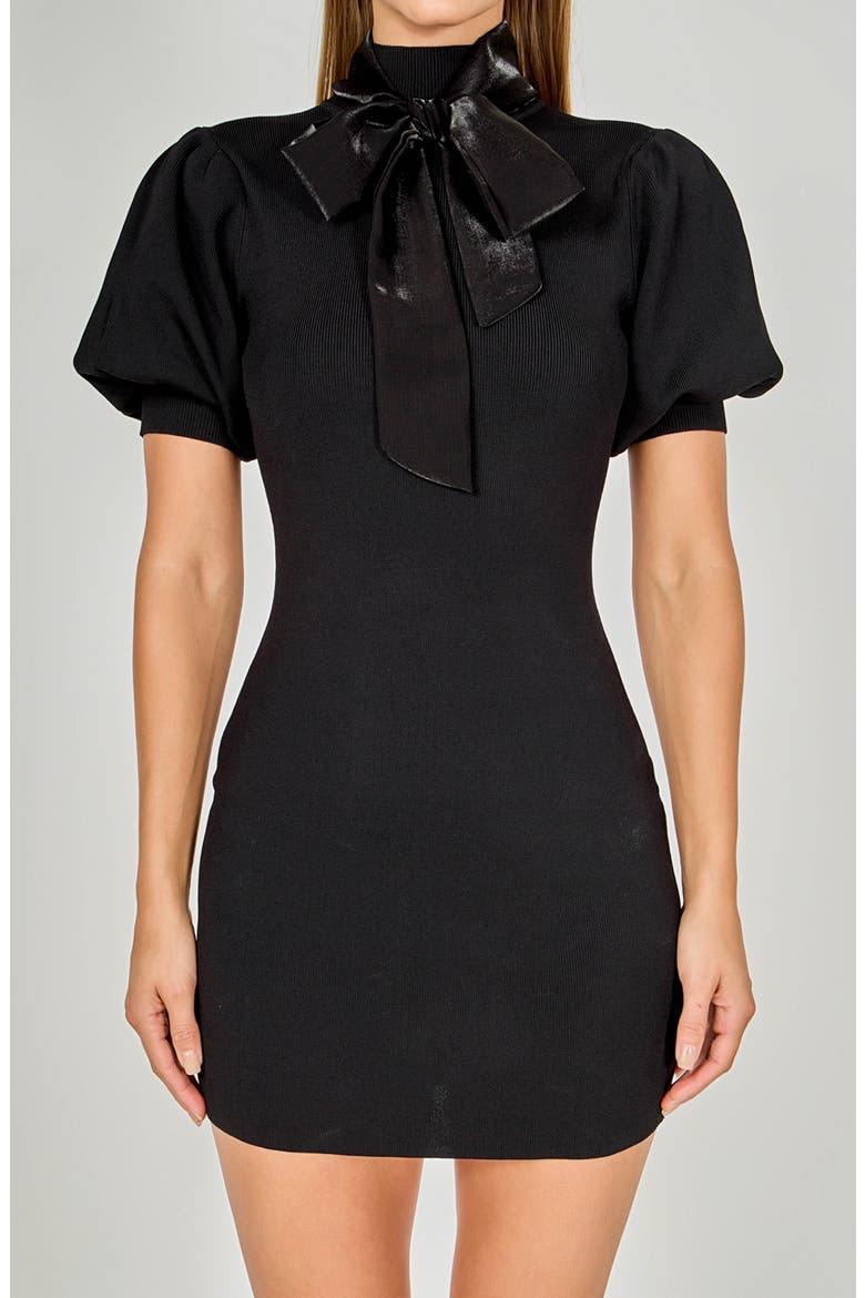 Bow Detail Knit Minidress, Alternate, color, JETBLACK
