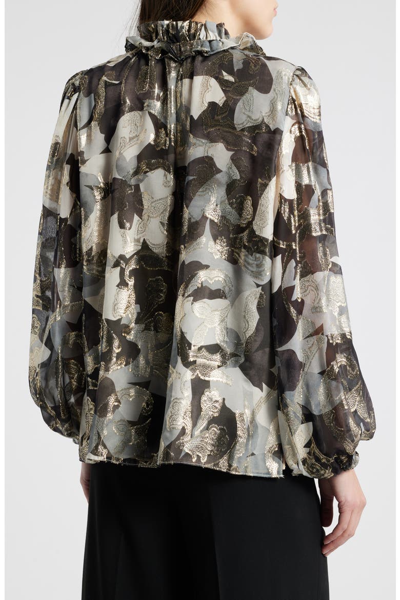 Boden Metallic Floral Tie Neck Silk Blend Top, Alternate, color, GRAPHITE M