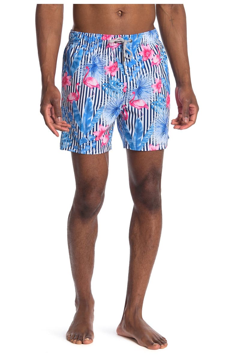 Vintage Summer Stripe Floral Drawstring Swim Trunks, Main, color, 