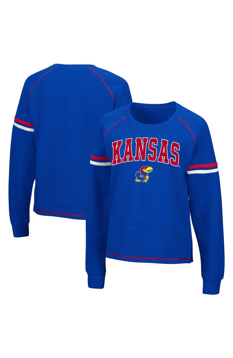 COLOSSEUM Women's Colosseum Royal Kansas Jayhawks Sweep Pass Sleeve Stripe Raglan Pullover Sweatshirt, Main, color,