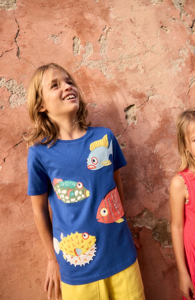 Mini Boden Kids' Fish Appliqué Cotton Graphic T-Shirt, Alternate, color, 