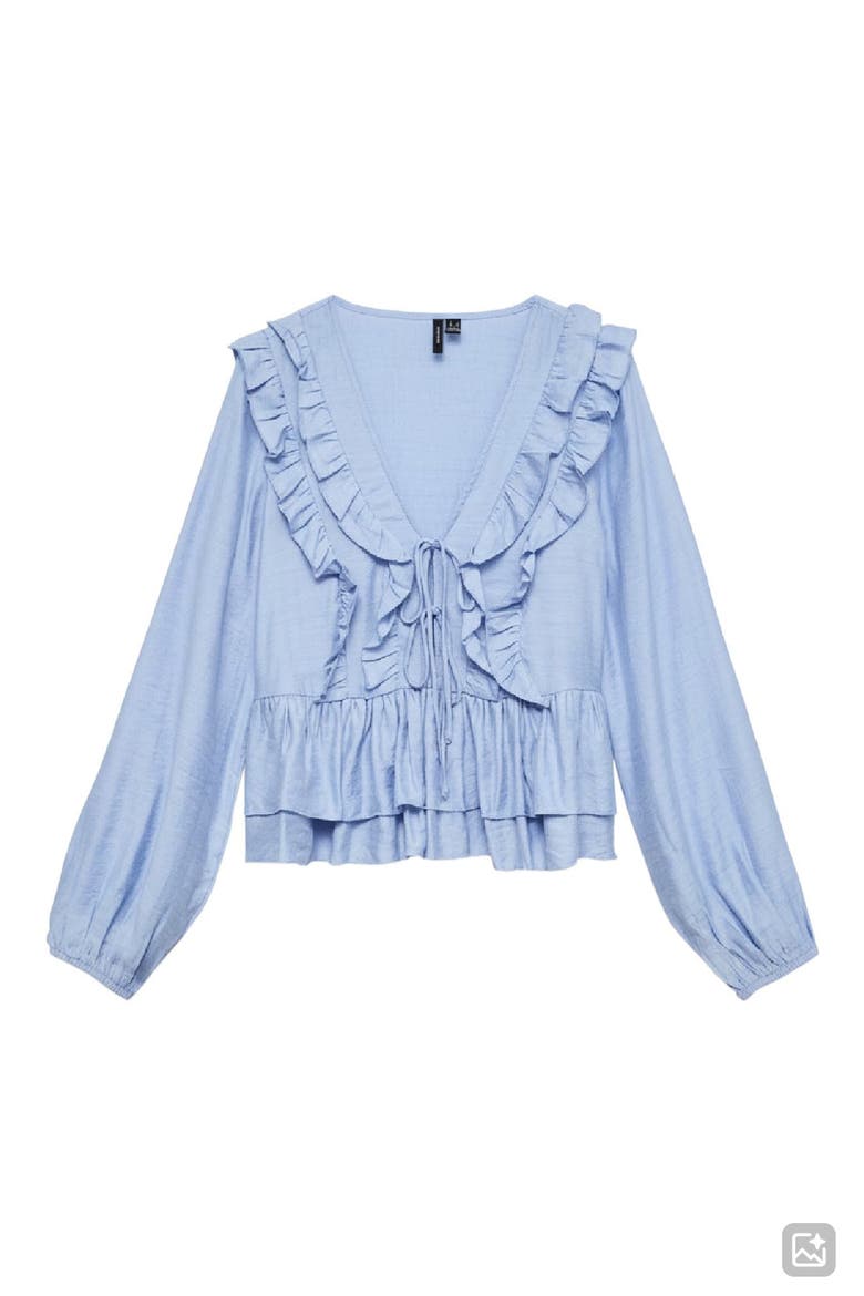Zoey Ruffle Peplum Chambray Top, Alternate, color, BRUNNERA BLUE