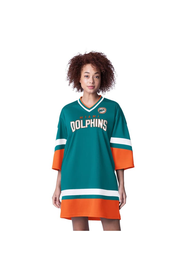 Women's Starter Aqua Miami Dolphins Slap Shot 3/4 Sleeve Sneaker Dress, Main, color, Aqua
