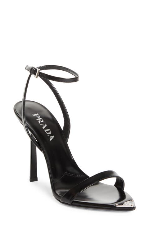 靴 PRADA Leather Strap Heels PRADA Black Leather Metallic Gray Square Toe Ankle Strap