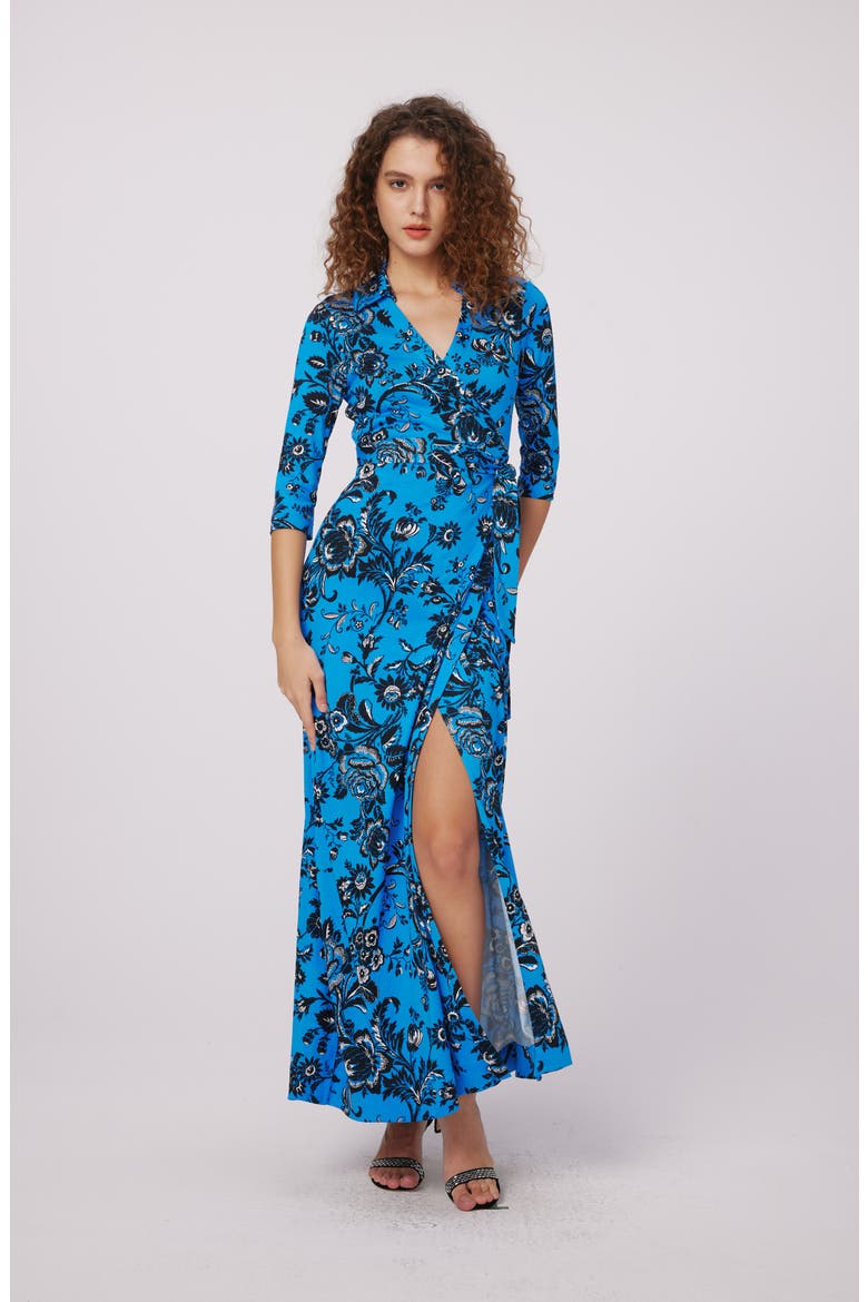Abigail Floral Silk Wrap Maxi Dress, Alternate, color, NIGHT VINE BLUE LG