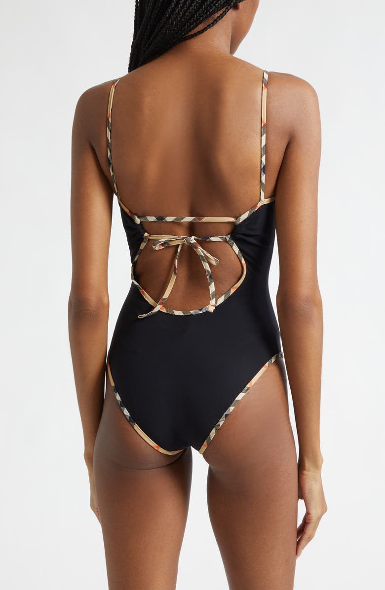 Burberry Sylvia Check Trim One-Piece Swimsuit, Alternate, color, Black