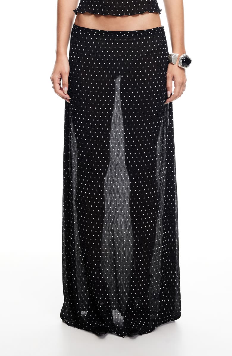 LIONESS Ford Dot Print Plissé Maxi Skirt, Main, color, Onyx Polka