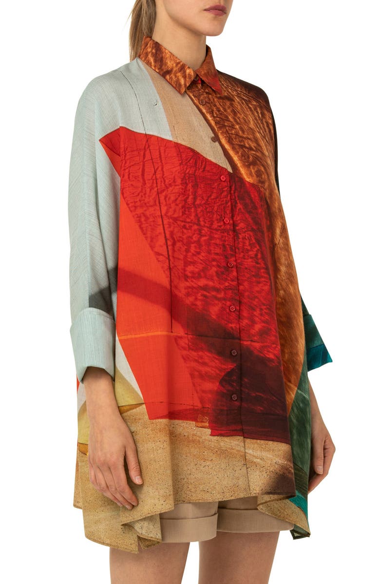 Akris Liquid Light Print Wool Mousseline Button-Up Tunic, Alternate, color, 