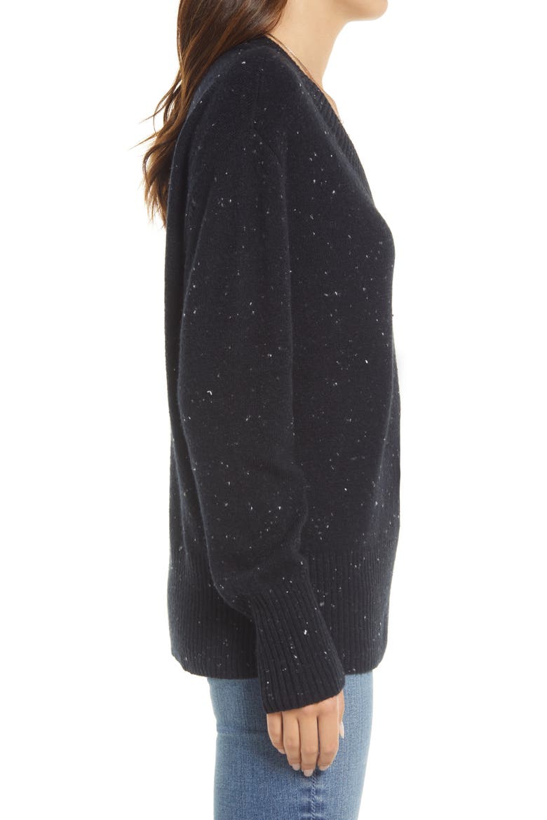 Cozy Nep Flecked V-Neck Sweater, Alternate, color, BLACK