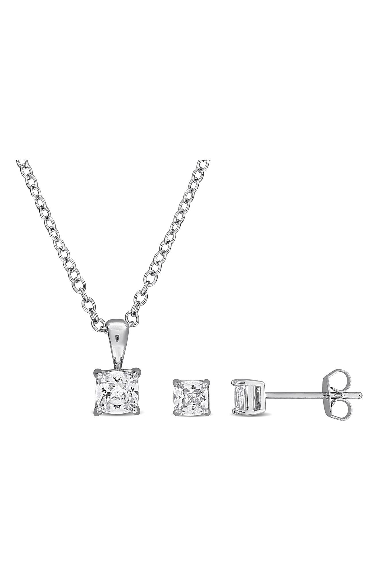 DELMAR Cushion Cut Cubic Zirconia Stud Earrings & Pendant Necklace Set