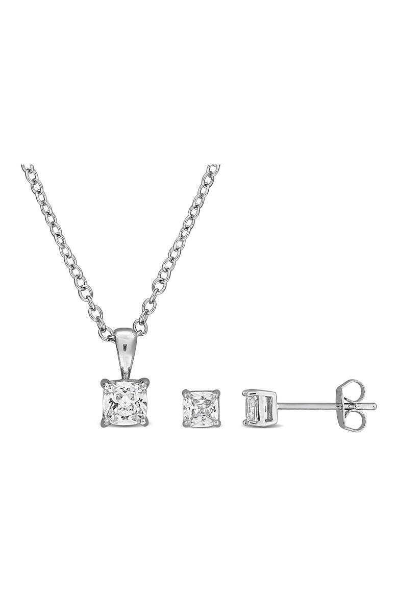 Cushion Cut Cubic Zirconia Stud Earrings & Pendant Necklace Set, Main, color, WHITE