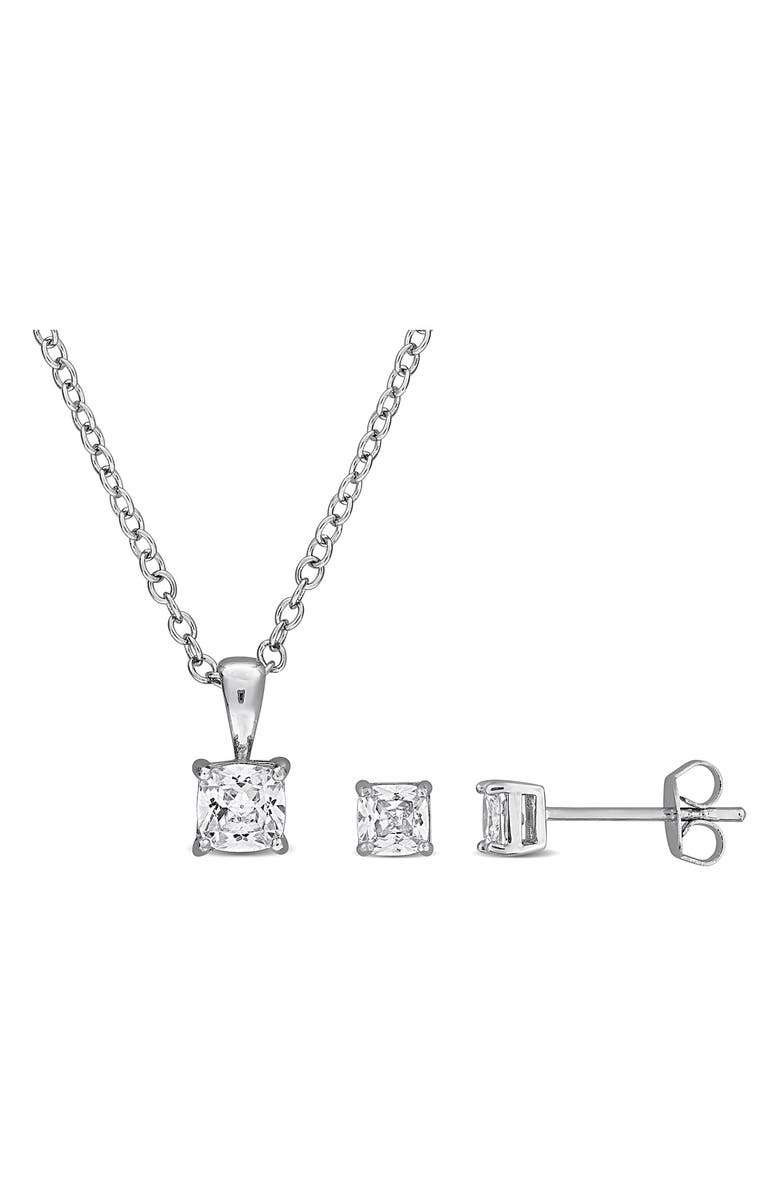 DELMAR Cushion Cut Cubic Zirconia Stud Earrings & Pendant Necklace Set, Main, color, White
