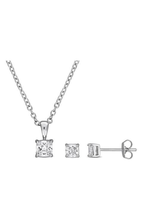Cushion Cut Cubic Zirconia Stud Earrings & Pendant Necklace Set
