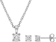 DELMAR Cushion Cut Cubic Zirconia Stud Earrings & Pendant Necklace Set