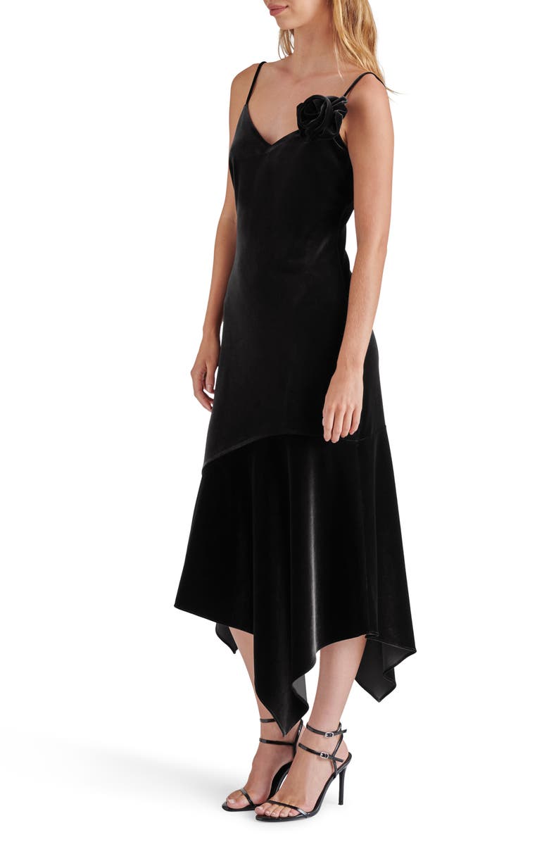 Steve Madden Lucille Rosette Detail Asymmetric Velvet Dress, Alternate, color, Black