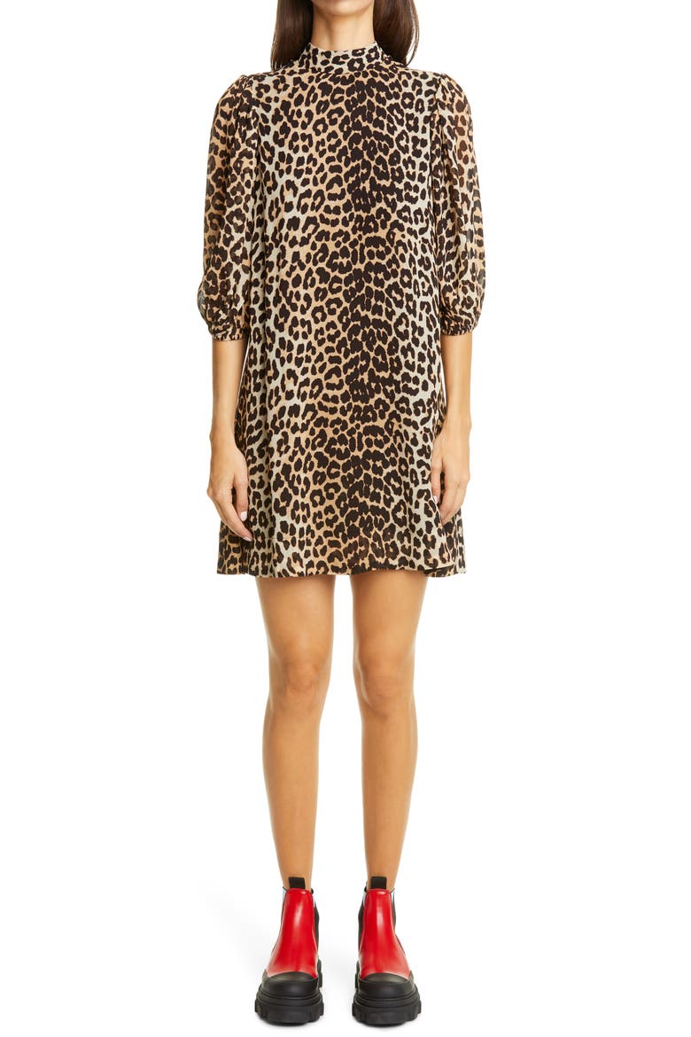 Leopard Print Puff Sleeve Georgette Minidress, Main, color, LEOPARD