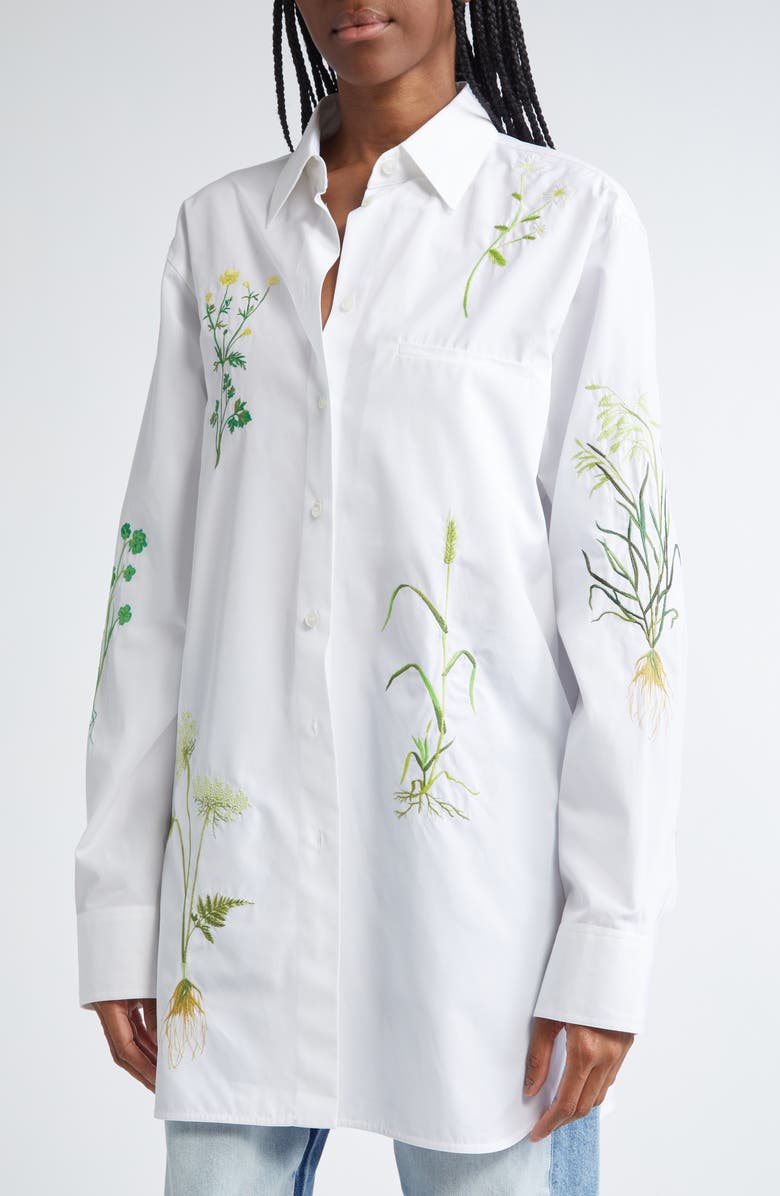 Stella McCartney Floral Embroidered Cotton Poplin Button-Up Shirt, Alternate, color, 