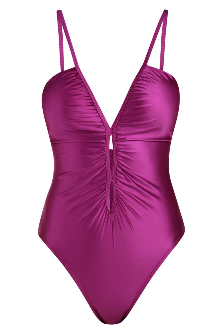 Earth Lace-Up One-Piece Swimsuit, Alternate, color, BERRY