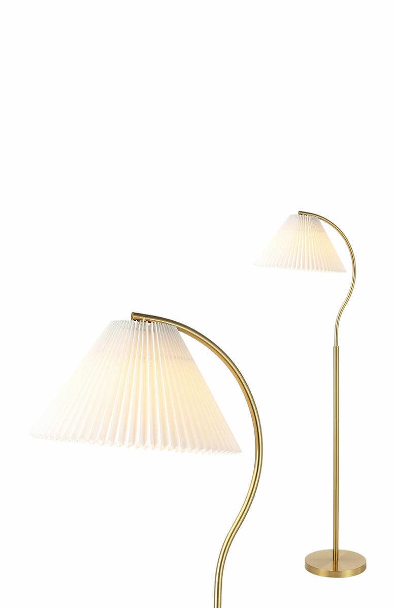 JONATHAN Y Devon Modern Glam Metal Arc LED Floor Lamp with Pleated Shade, Main, color, Brass Gold