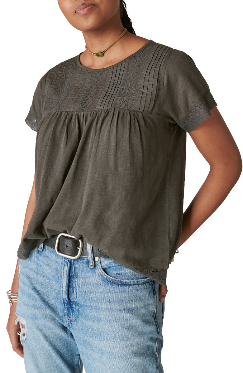 Lucky Brand Pintuck & Lace Top, Main, color, 