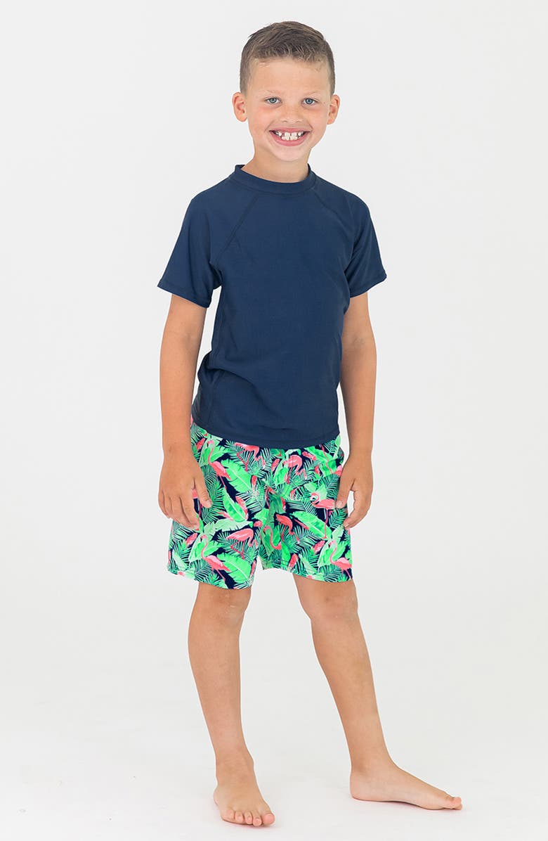 RuggedButts Kids' Flamingo Print Swim Trunks, Alternate, color, Flamingo Frenzy