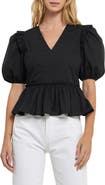 English Factory Puff Sleeve Peplum Cotton Top