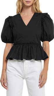English Factory Puff Sleeve Peplum Cotton Top