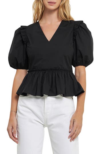 ENGLISH FACTORY ENGLISH FACTORY PUFF SLEEVE PEPLUM COTTON TOP 