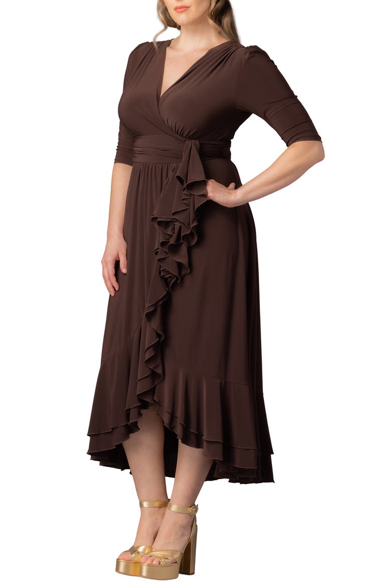 Veronica Ruffled High-Low Evening Gown, Alternate, color, CHOCOLATE