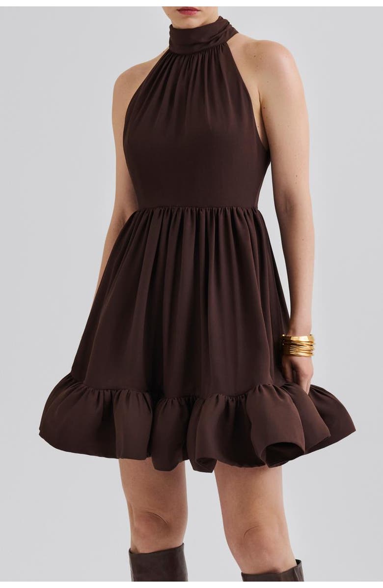 Malina Fern Halterneck Ruffled Mini Dress, Alternate, color, Chocolate