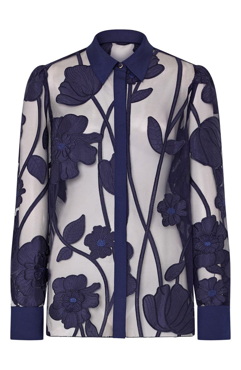 Milly Ashton Grand Fleur Appliqué Sheer Button-Up Shirt, Alternate, color, Navy