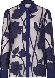 Milly Ashton Grand Fleur Appliqué Sheer Button-Up Shirt