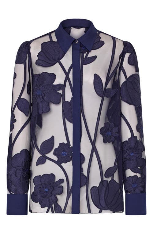 Milly Ashton Grand Fleur Appliqué Sheer Button-up Shirt In Blue