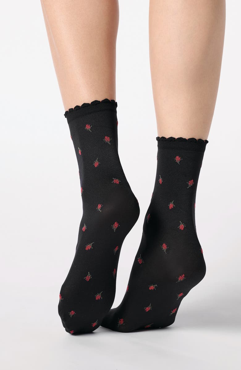 Oroblu Floral Crew Socks, Alternate, color, Black