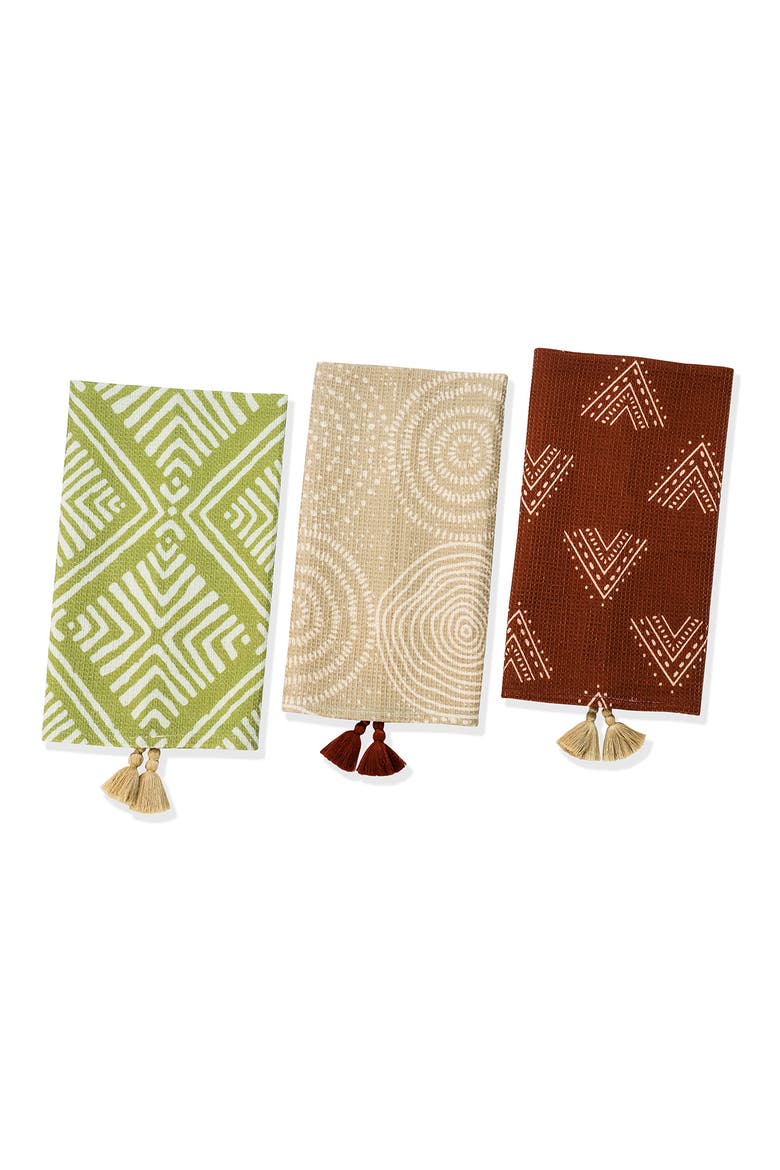 Set of Three Earthy Bohemian Geometric Kitchen Towels, Main, color, OLIVE GREEN/ TERRACOTTA