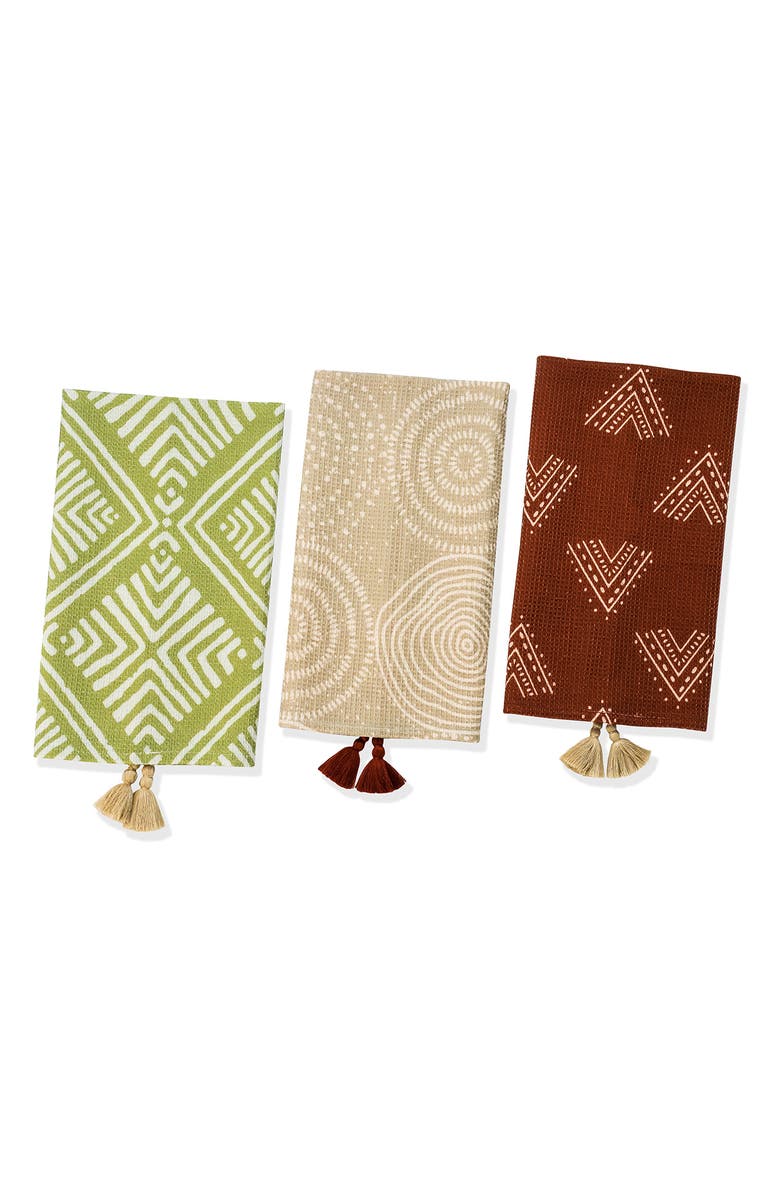 Tiramisu Set of Three Earthy Bohemian Geometric Kitchen Towels, Main, color, Olive Green/ Terracotta