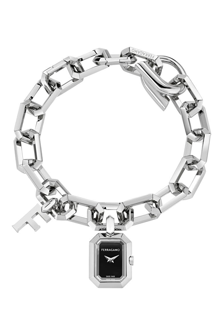 'F' Charm Bracelet Watch, 16mm x 21mm, Main, color, STAINLESS STEEL