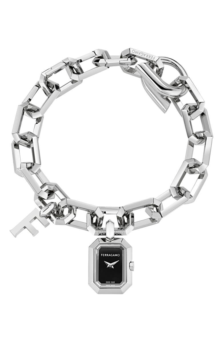 FERRAGAMO 'F' Charm Bracelet Watch, 16mm x 21mm, Main, color, Stainless Steel