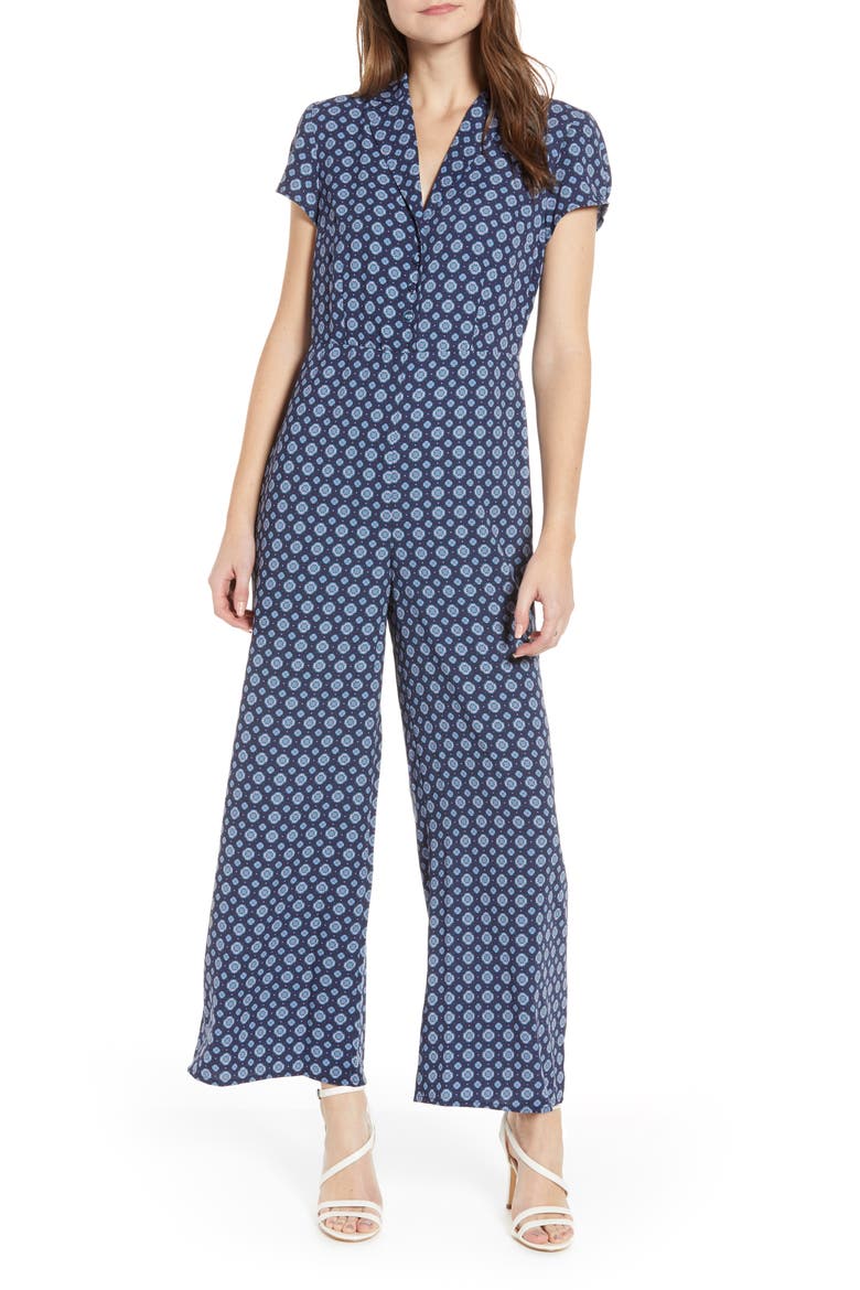 Print Button Front Jumpsuit, Main, color, NAVY PEACOAT GEO DOT FOULARD