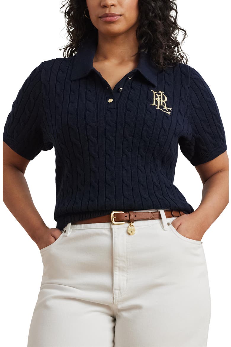 Embroidered Cable Cotton Polo Sweater, Main, color, LAUREN NAVY