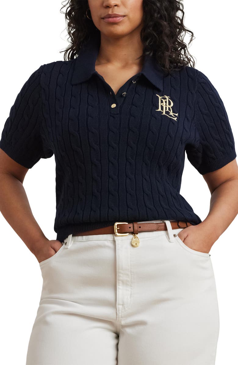 Lauren Ralph Lauren Embroidered Cable Cotton Polo Sweater, Main, color, Lauren Navy
