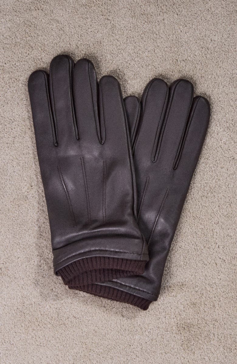 MANGO Rib Cuff Leather Gloves, Alternate, color, Brown