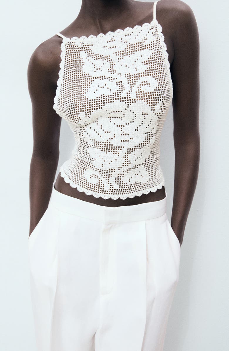 MANGO Floral Open Stitch Strappy Back Top, Main, color, Off White