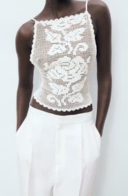 MANGO Floral Open Stitch Strappy Back Top